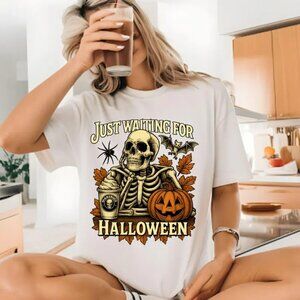Just Waiting for Halloween Shirt, Funny Skeleton Pumpkin Shirt, Spooky Fall